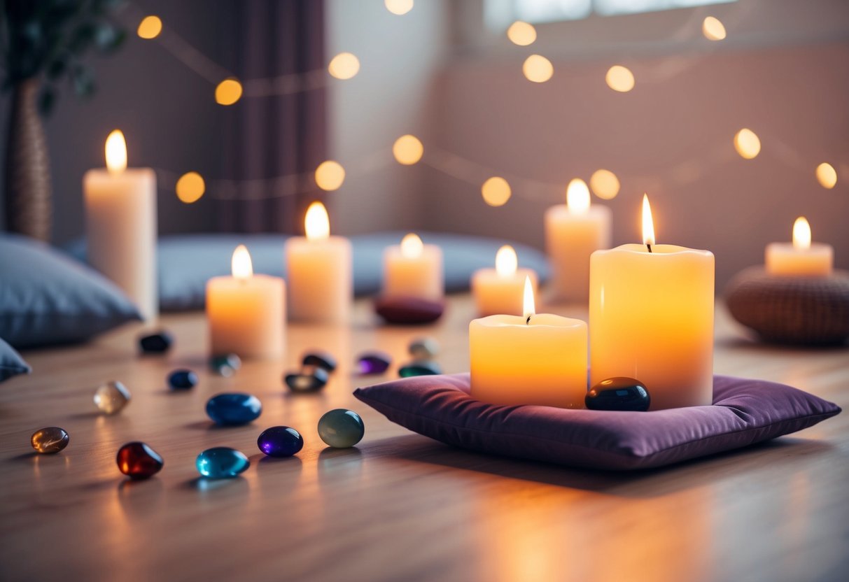 A serene, candlelit meditation space with various birthstones arranged on a soft, velvet cushion. The room is filled with a peaceful, calming energy