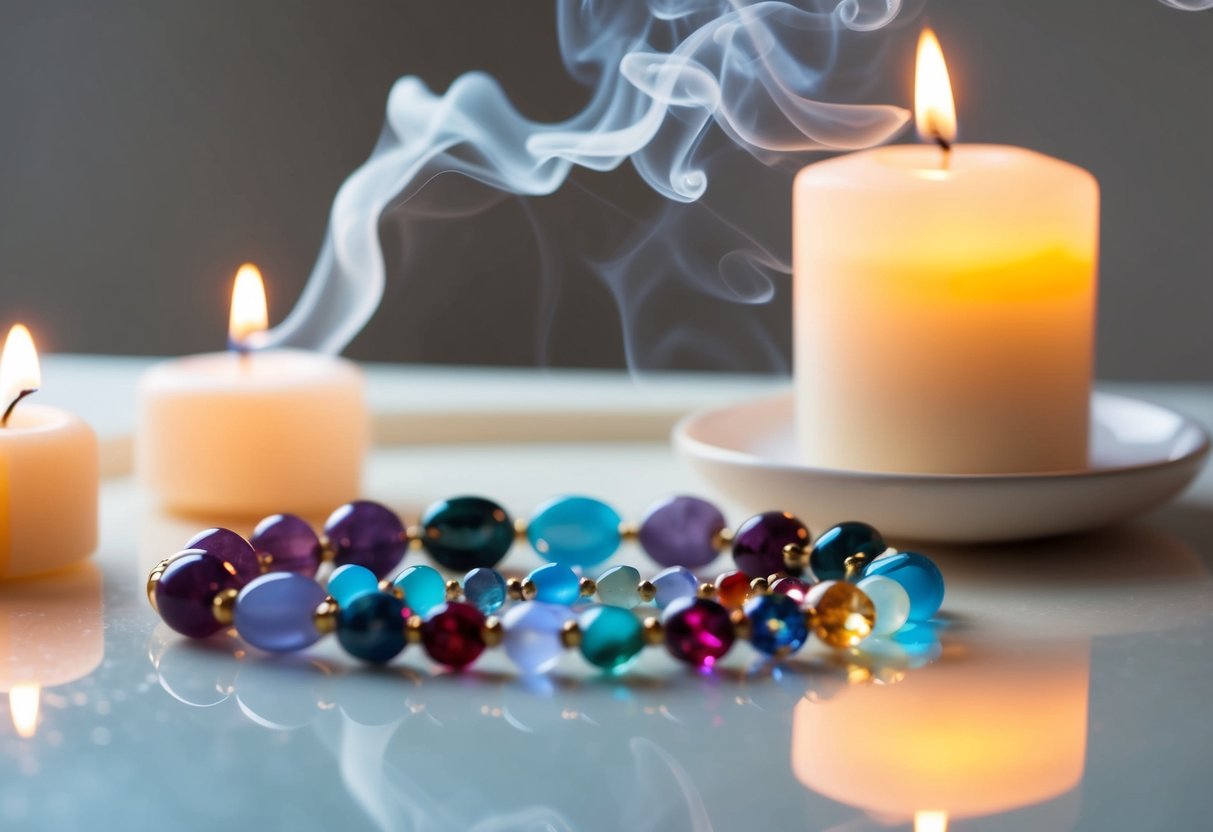 A serene setting with a collection of birthstones arranged on a clean surface, surrounded by soft candlelight and delicate incense smoke