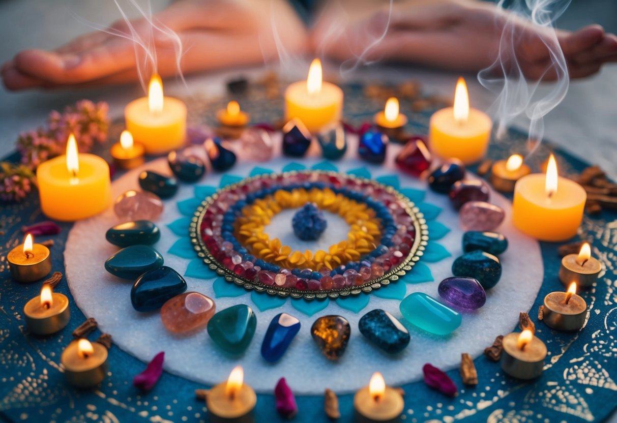A serene meditation space with birthstone crystals arranged in a mandala pattern, surrounded by flickering candles and fragrant incense