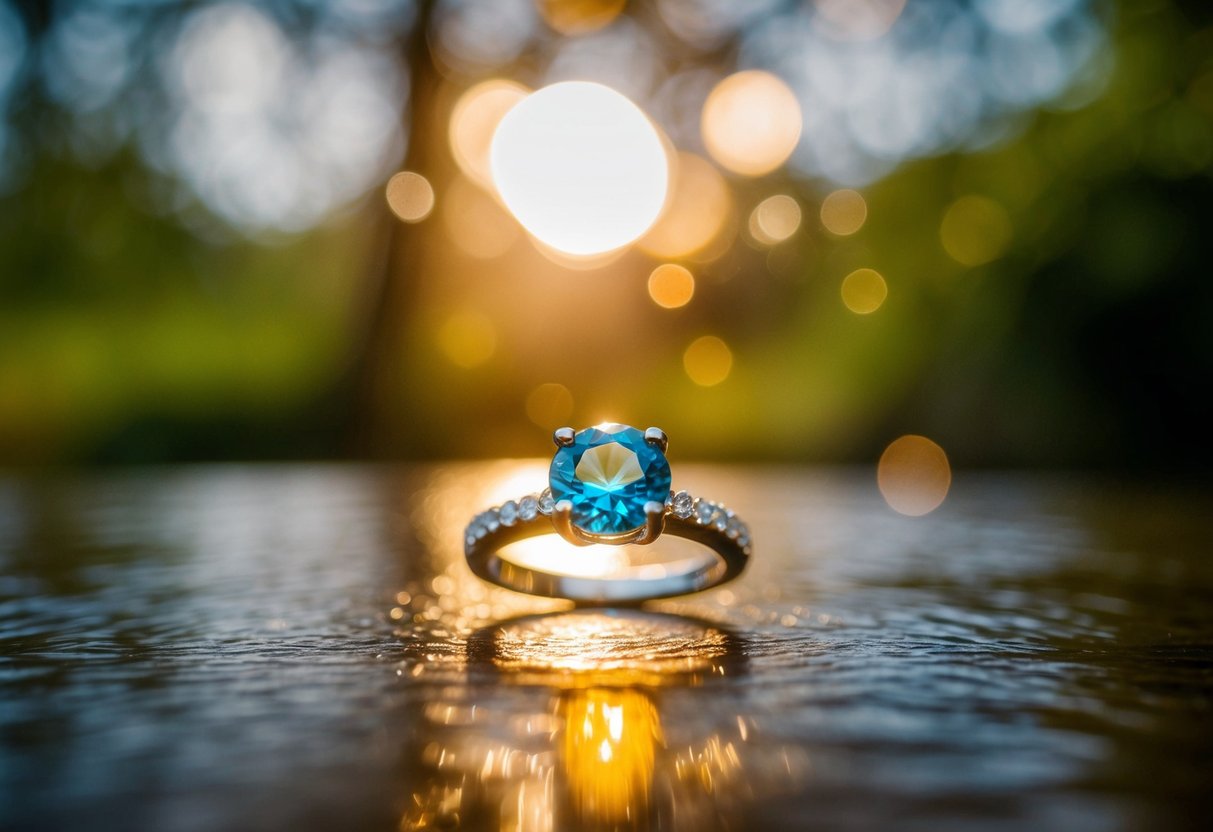 A person's birthstone glowing on a ring, casting a shimmering light onto a serene natural setting