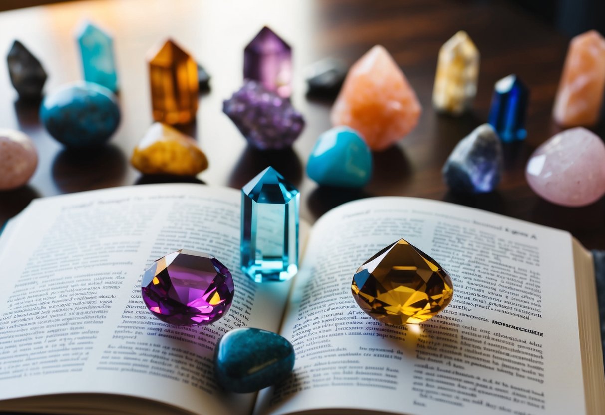 A collection of colorful crystals and gemstones arranged on a table, with a book open to a page about their scientific properties