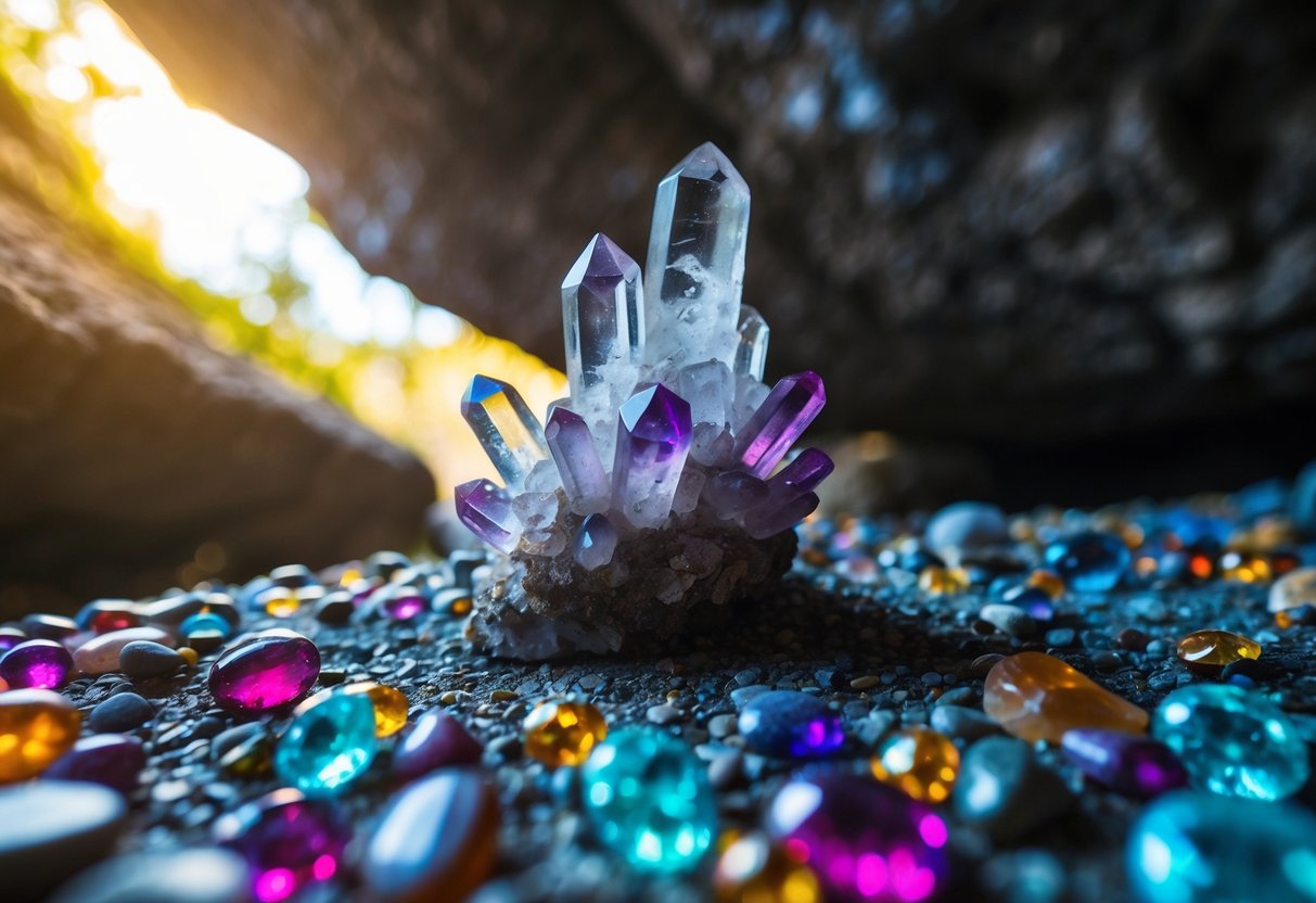 A crystal formation growing within a cave, surrounded by colorful gemstones and illuminated by the soft glow of natural light filtering in from above