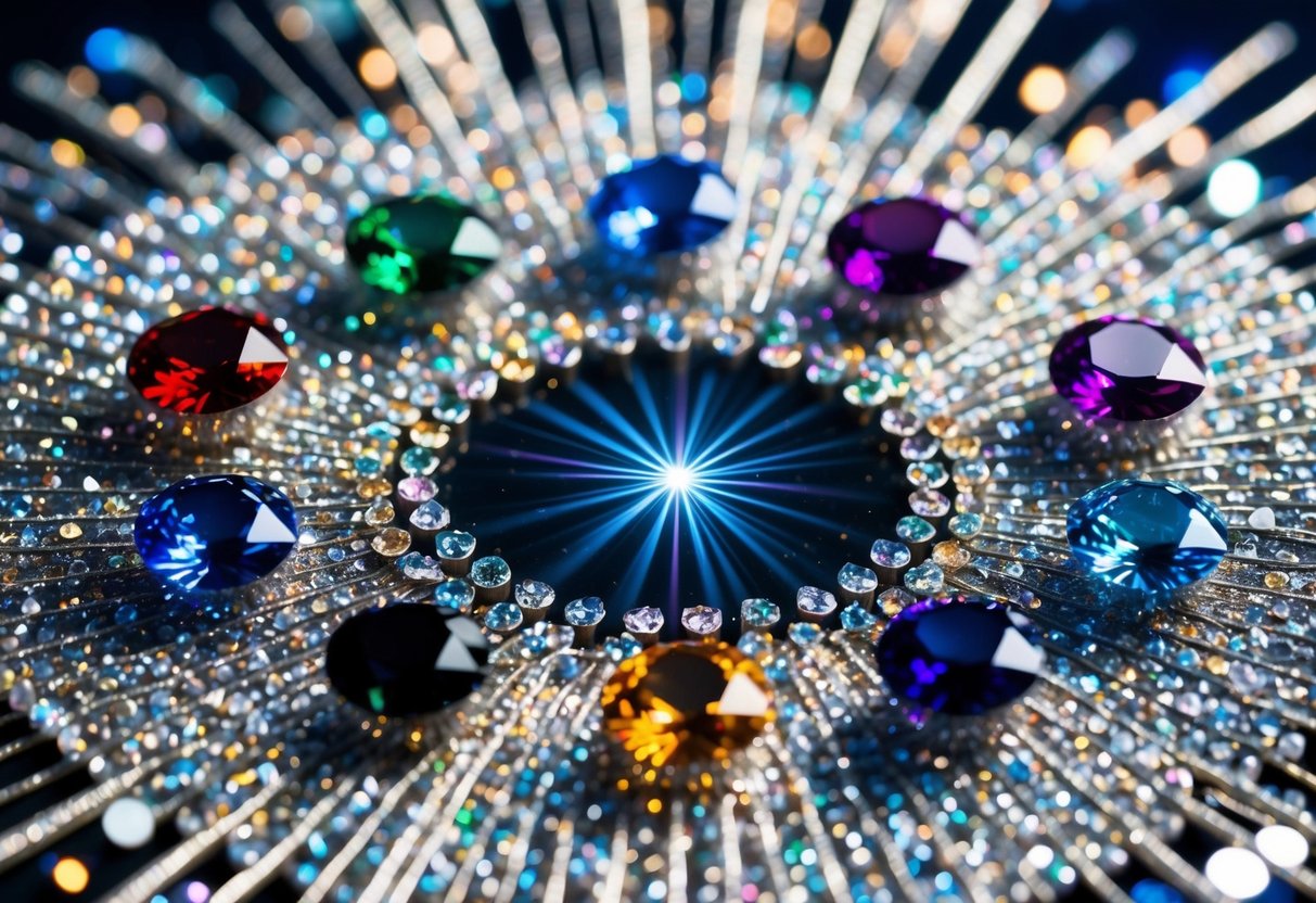 A sparkling array of birthstones arranged in a celestial pattern, radiating their unique colors and energies