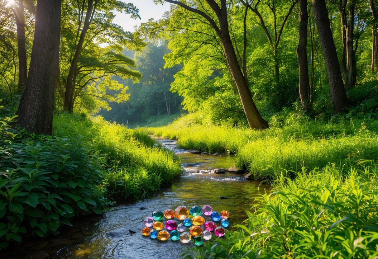 A serene forest glade, dappled with sunlight, where a crystal-clear stream flows past a cluster of vibrant birthstones nestled among lush greenery