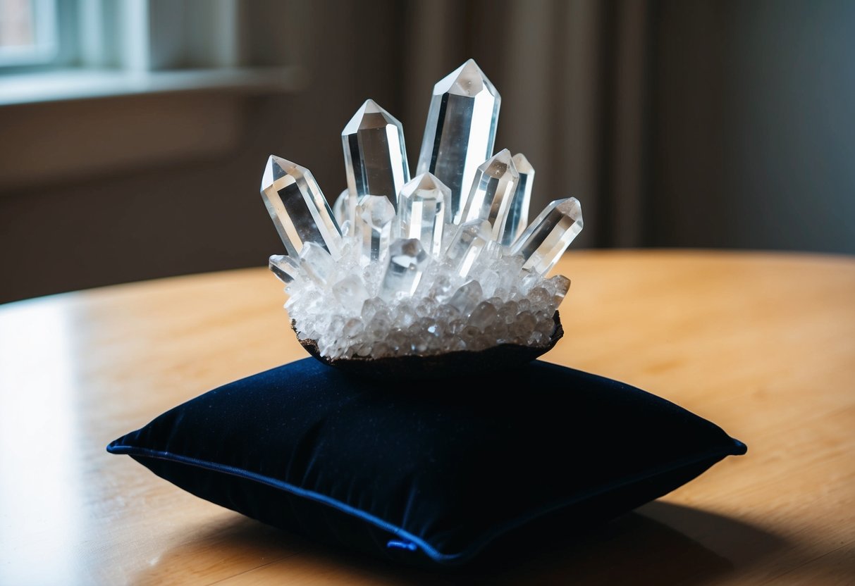 A crystal cluster sits on a dark velvet cushion, reflecting the light in a softly lit room