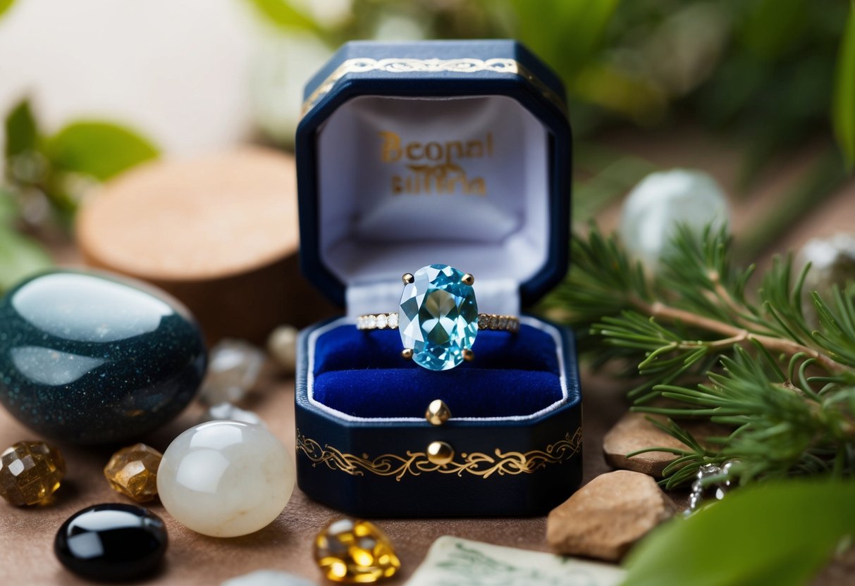 A sparkling birthstone adorns a jewelry box, surrounded by elements of nature and personal items, symbolizing the power and significance of wearing one's birthstone