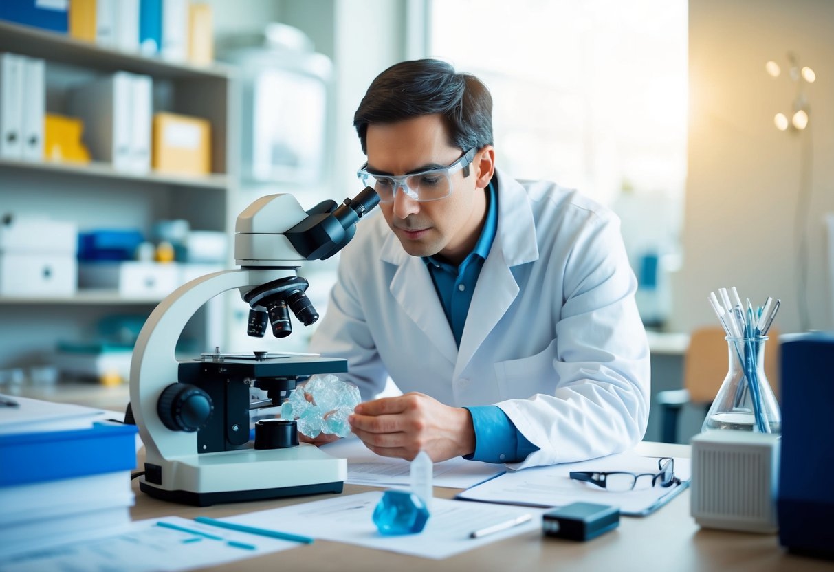 A scientist examines crystals under a microscope, surrounded by research papers and scientific equipment