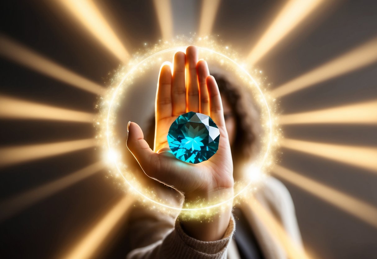 A person holding a birthstone in their hand, surrounded by a glowing aura, with beams of light emanating from the stone