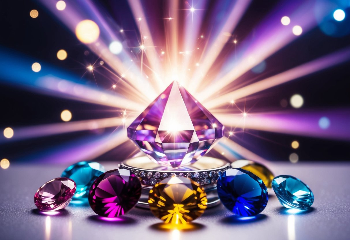 A sparkling crystal radiates energy, surrounded by colorful gemstones. Rays of light dance around them, creating a vibrant and mystical atmosphere