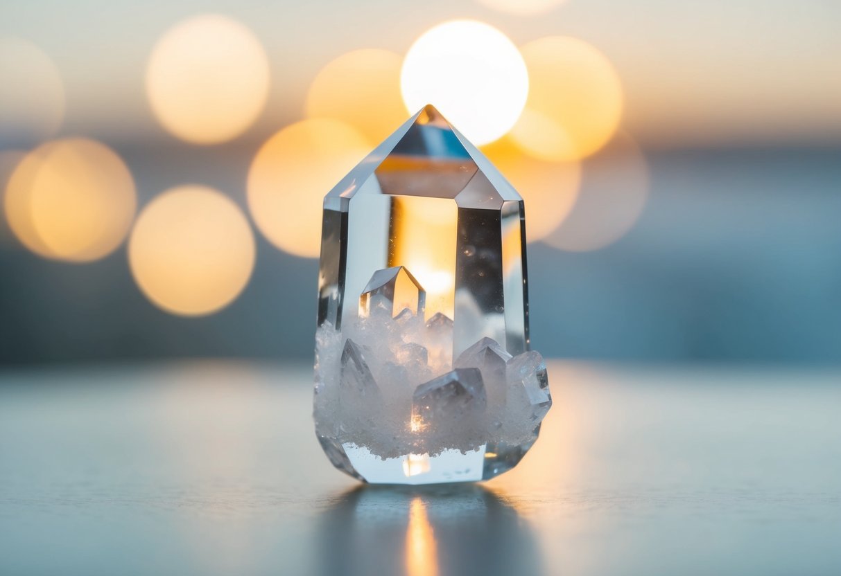 A clear quartz crystal radiates light, surrounded by a soft glow, emitting a sense of calm and healing energy