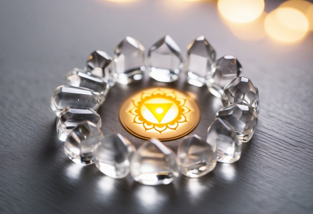 A cluster of clear quartz stones arranged around a glowing chakra wheel, emitting a soft, healing light