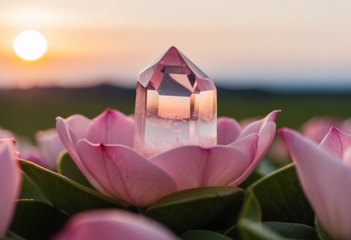 A serene rose quartz nestled among soft pink petals and shimmering in the gentle light of a setting sun