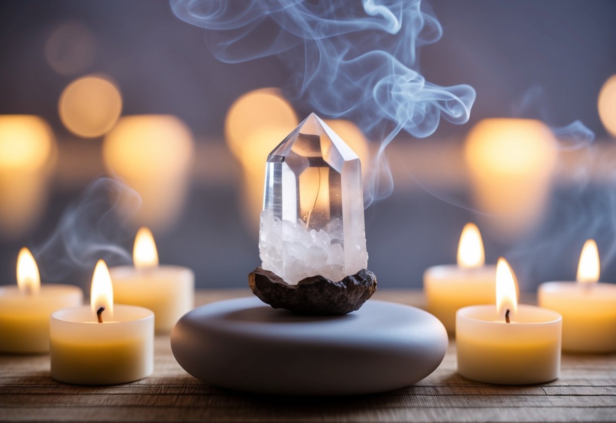 A serene meditation space with a clear quartz crystal at the center, surrounded by soft candlelight and gentle incense smoke