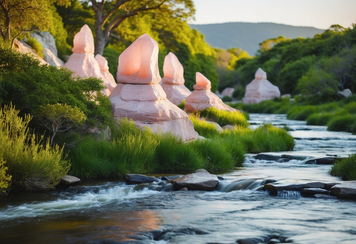 A serene landscape with rose quartz formations nestled among lush greenery and flowing water