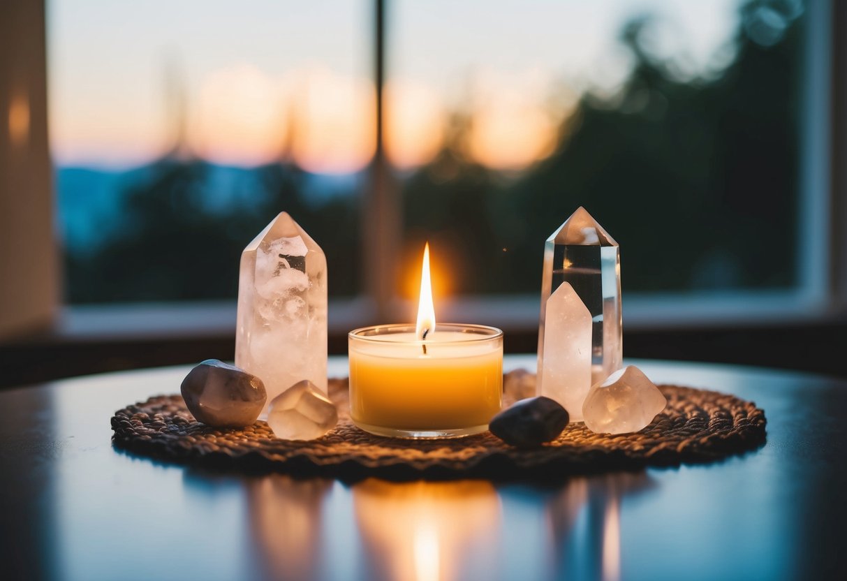 A serene meditation space with clear quartz crystals placed around a glowing candle, casting a soft, healing light