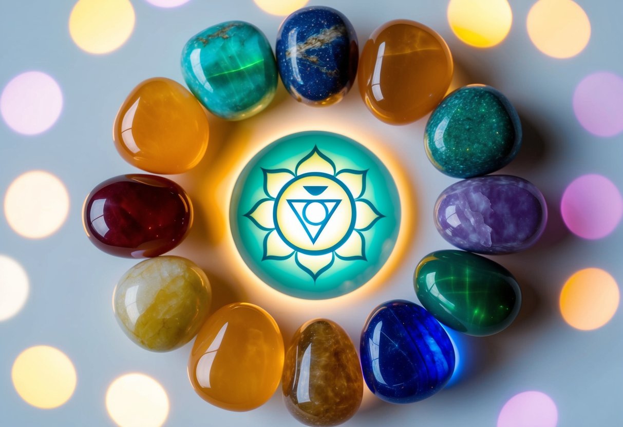 A circle of birthstones arranged around a glowing chakra symbol, emitting a soft, colorful light