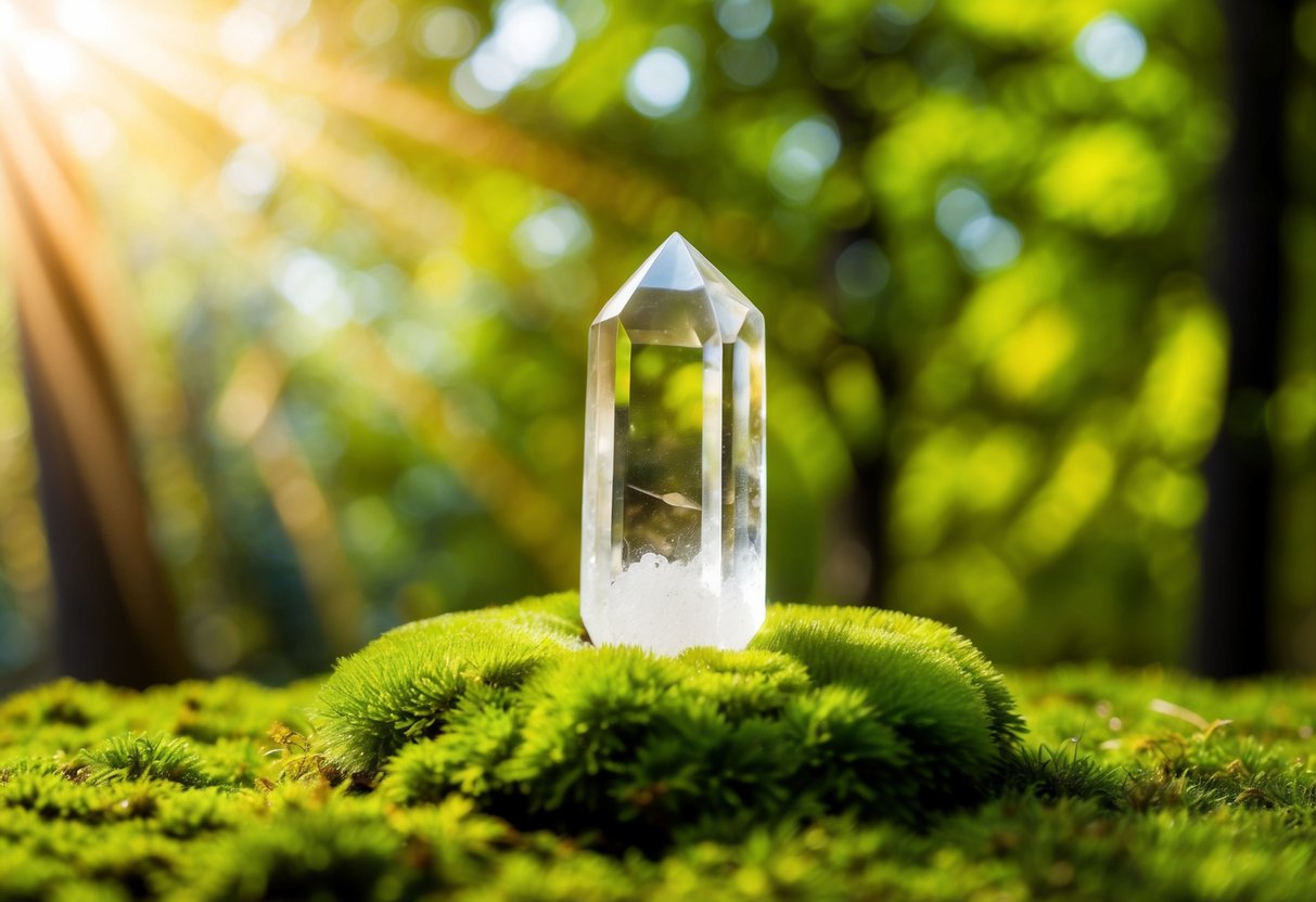 A clear quartz crystal resting on a bed of soft, green moss, surrounded by beams of warm, golden sunlight filtering through the leaves of a lush forest