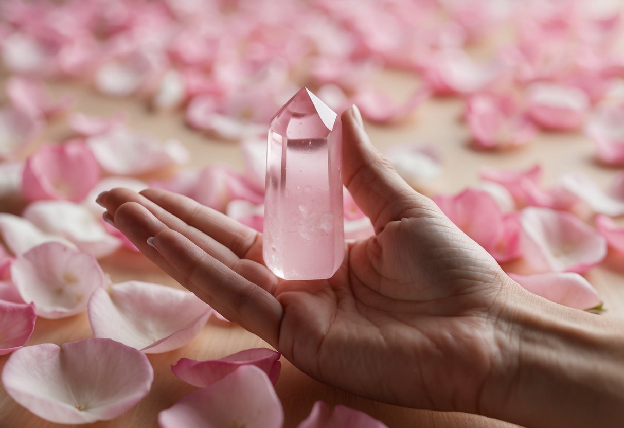 A serene hand holding a rose quartz crystal over a bed of delicate pink rose petals