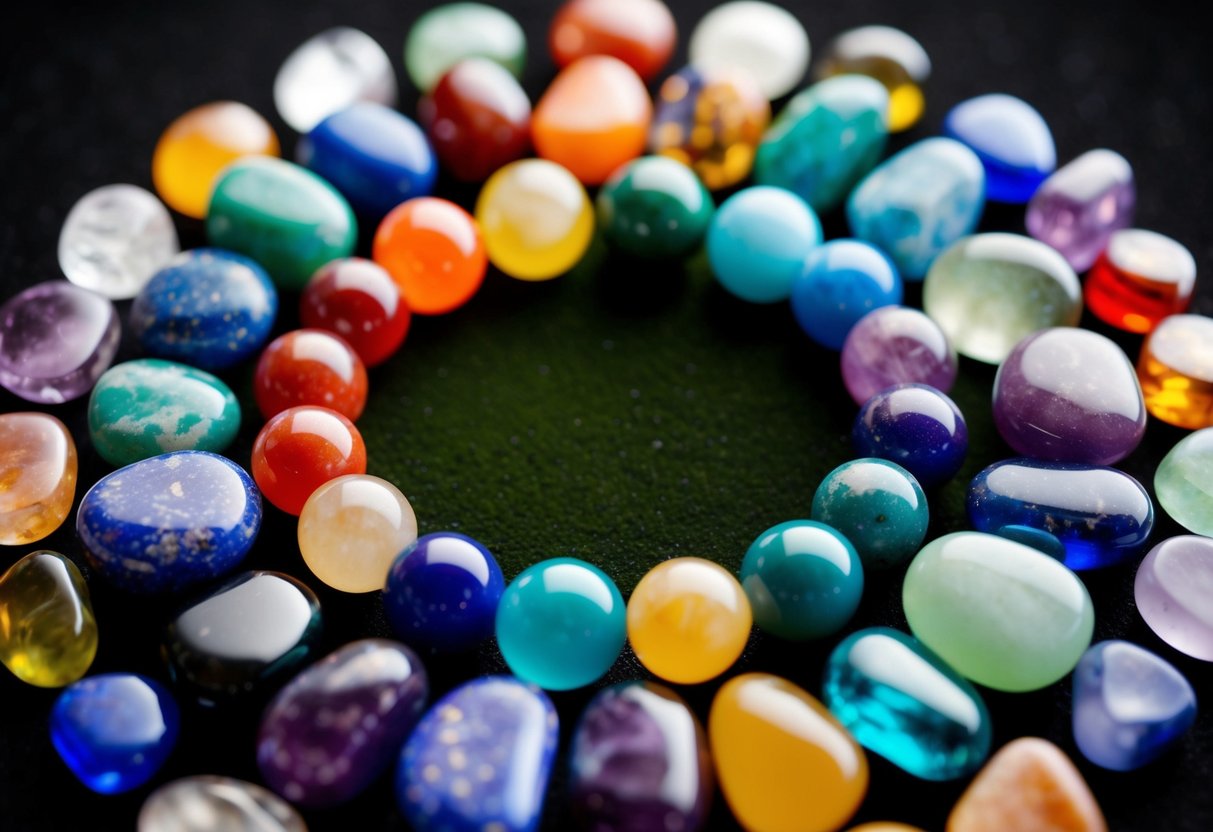 A collection of colorful chakra stones arranged in a circular pattern, with each stone corresponding to a different birthstone, creating a vibrant and harmonious display