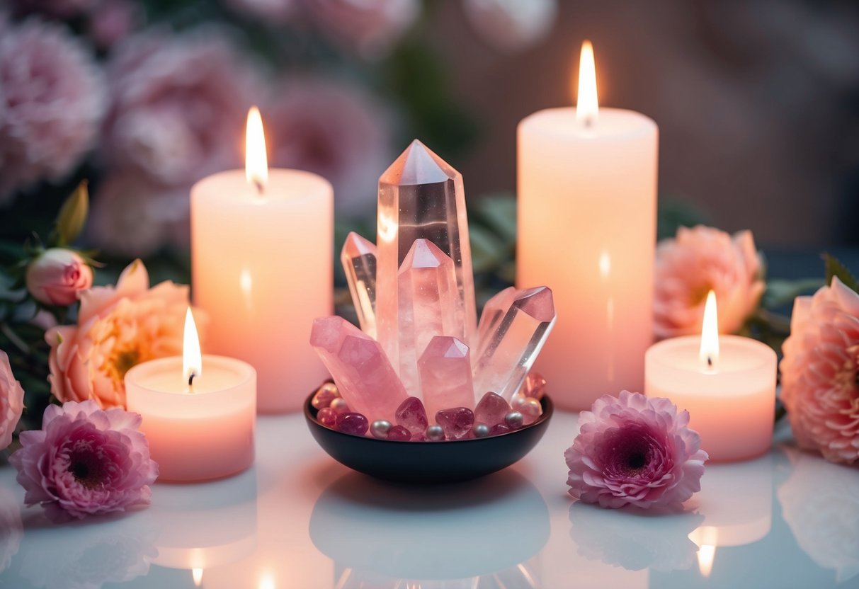 A serene arrangement of rose quartz crystals surrounded by candles and flowers, evoking a sense of peace and love