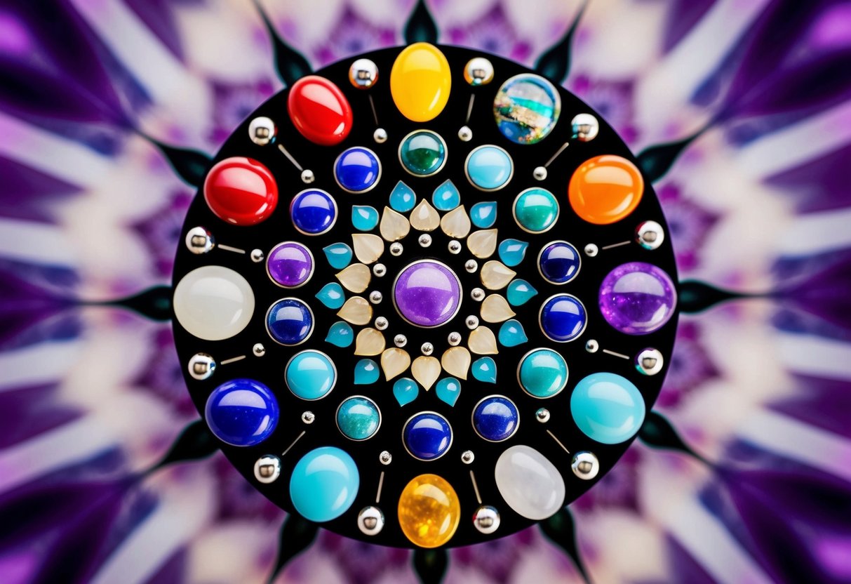 A mandala of birthstones radiates energy, aligning with the seven chakras, each stone corresponding to a specific energy center