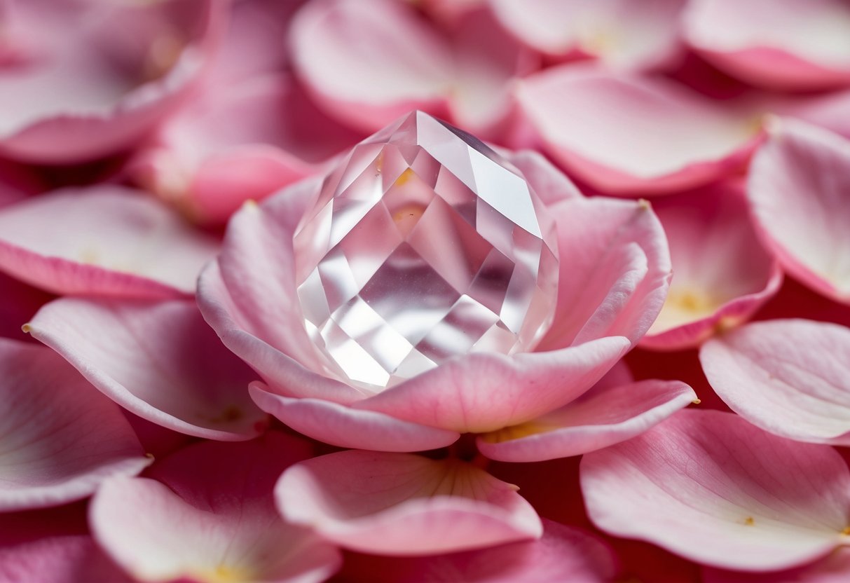 A serene rose quartz nestled among soft pink petals and surrounded by gentle, loving energy