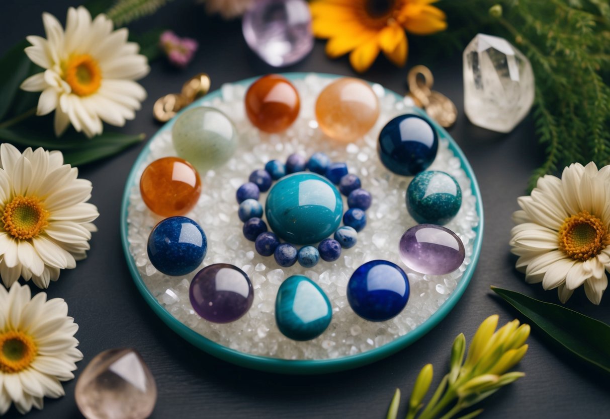 A serene arrangement of birthstones representing each chakra, surrounded by elements of nature like flowers and crystals, creating a harmonious and peaceful energy