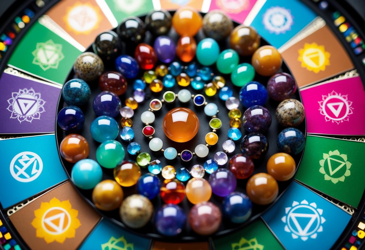 A collection of birthstones arranged in a circle, surrounded by colorful chakra symbols radiating energy
