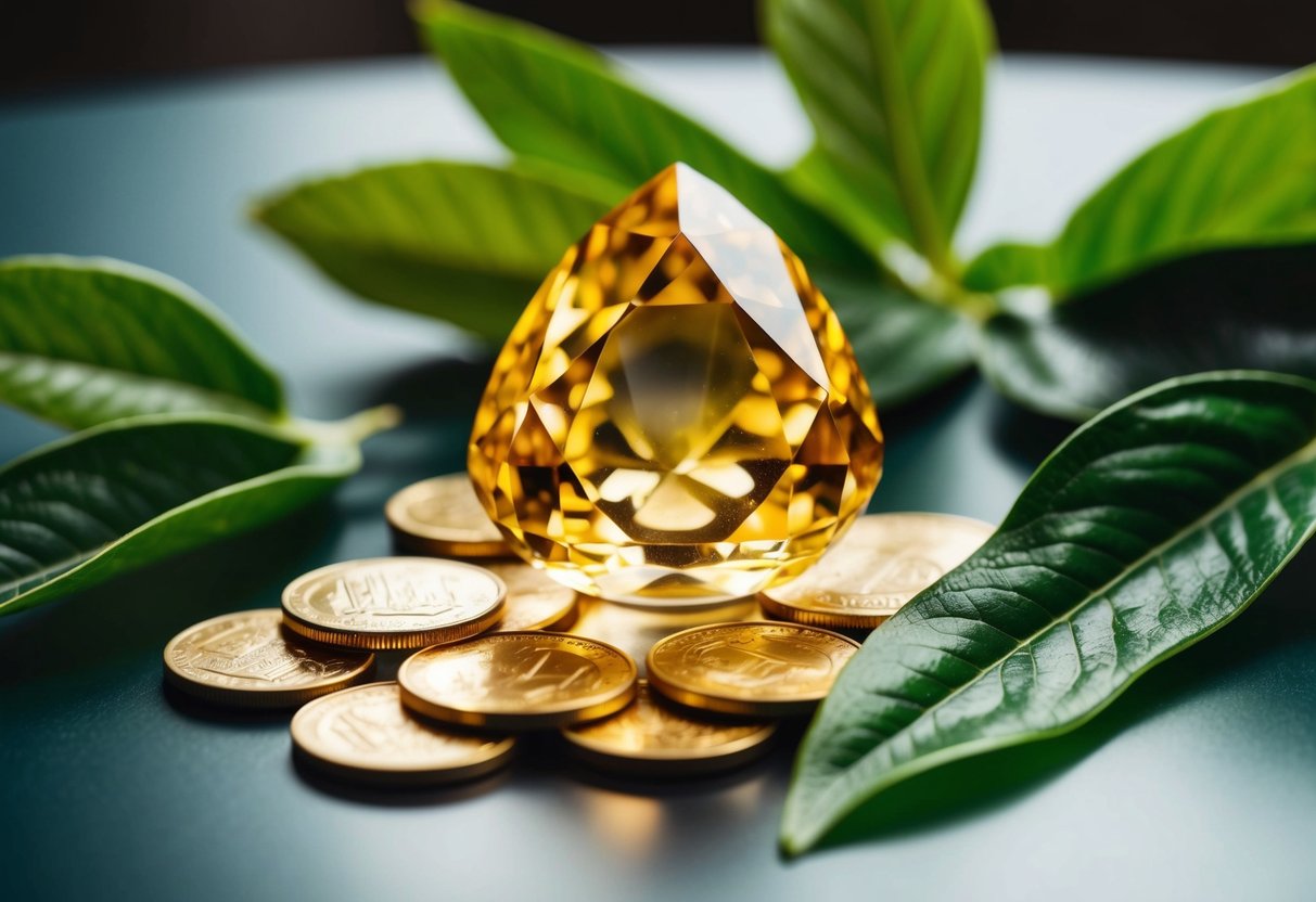 A golden citrine crystal surrounded by shimmering coins and lush green leaves