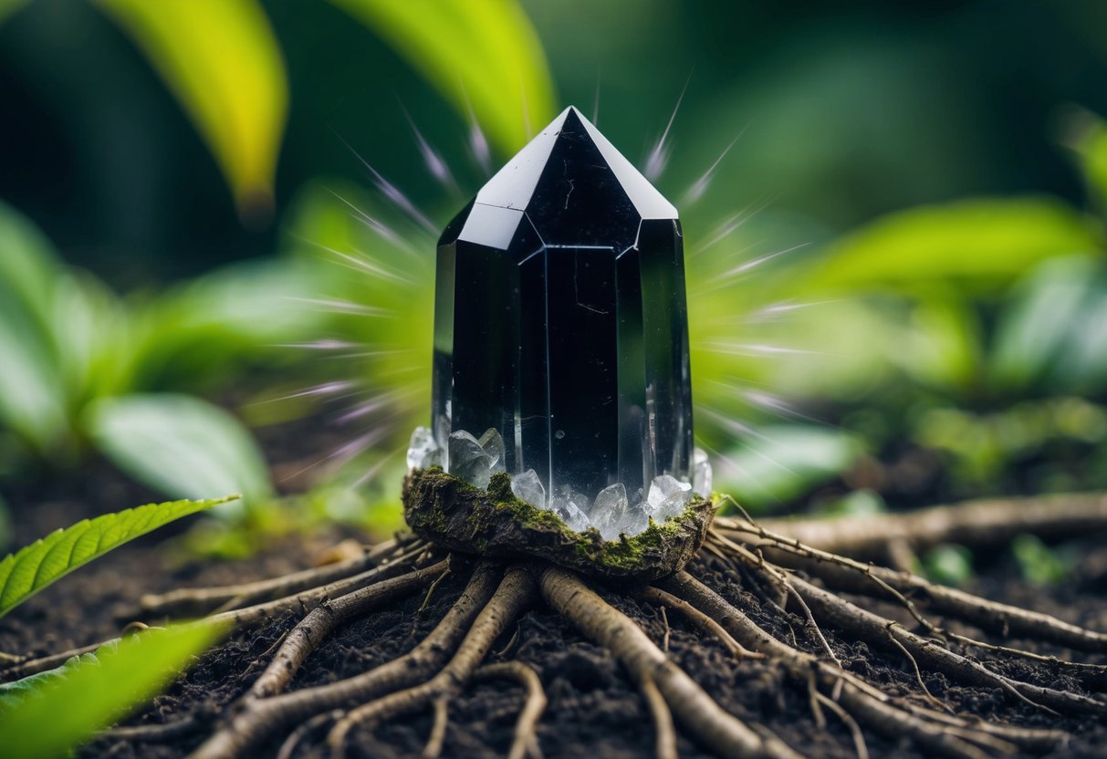 A black tourmaline crystal sits on a bed of earth, surrounded by roots and leaves, with a protective aura emanating from it