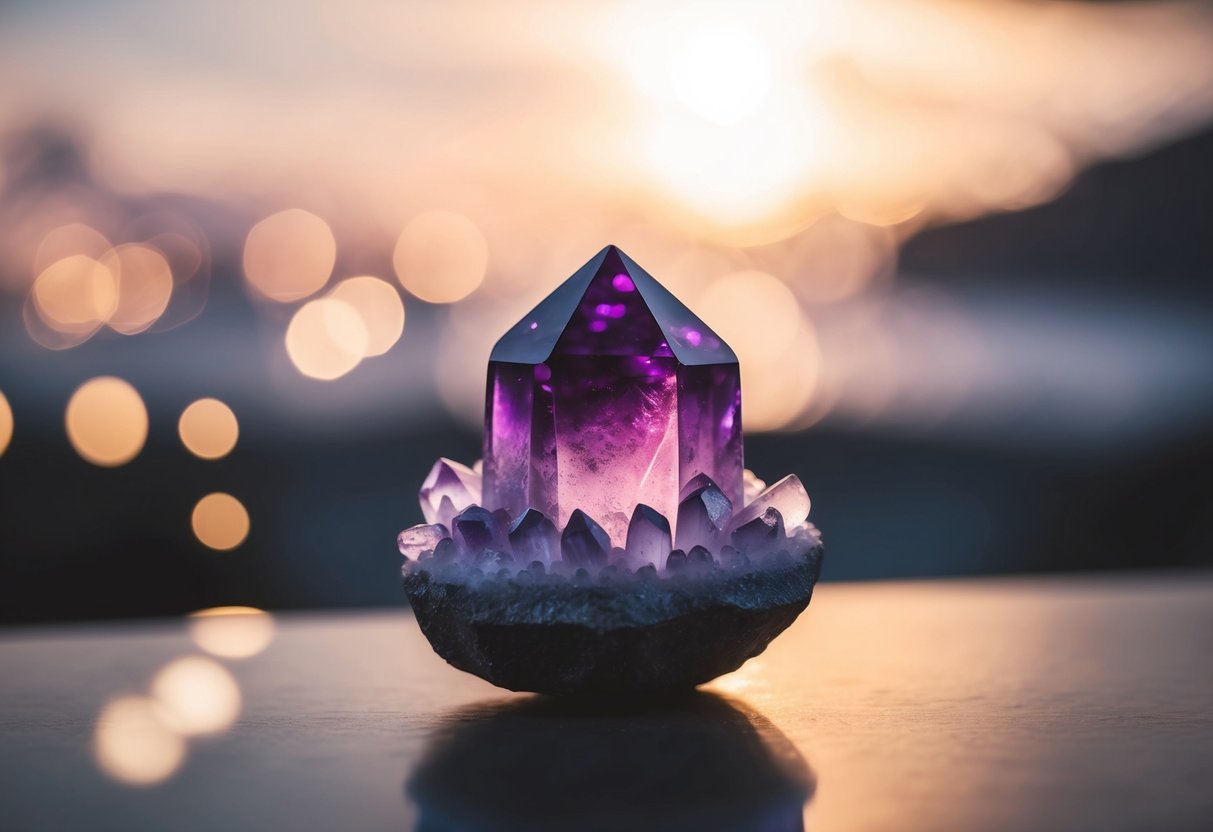 A glowing amethyst crystal surrounded by soft, ethereal light, emanating a sense of spiritual awakening and heightened intuition