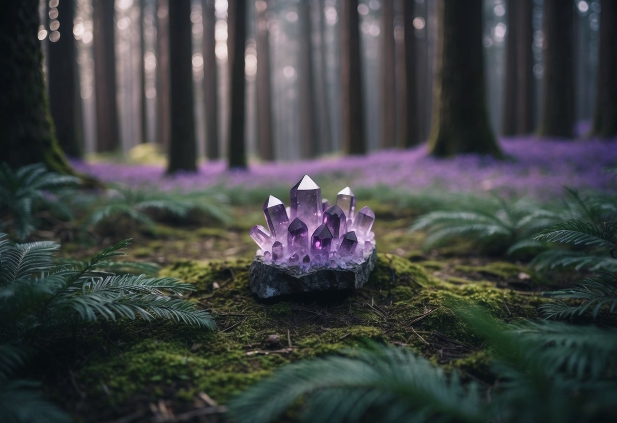 A serene forest clearing, bathed in soft purple light, with a cluster of amethyst crystals glimmering at the center