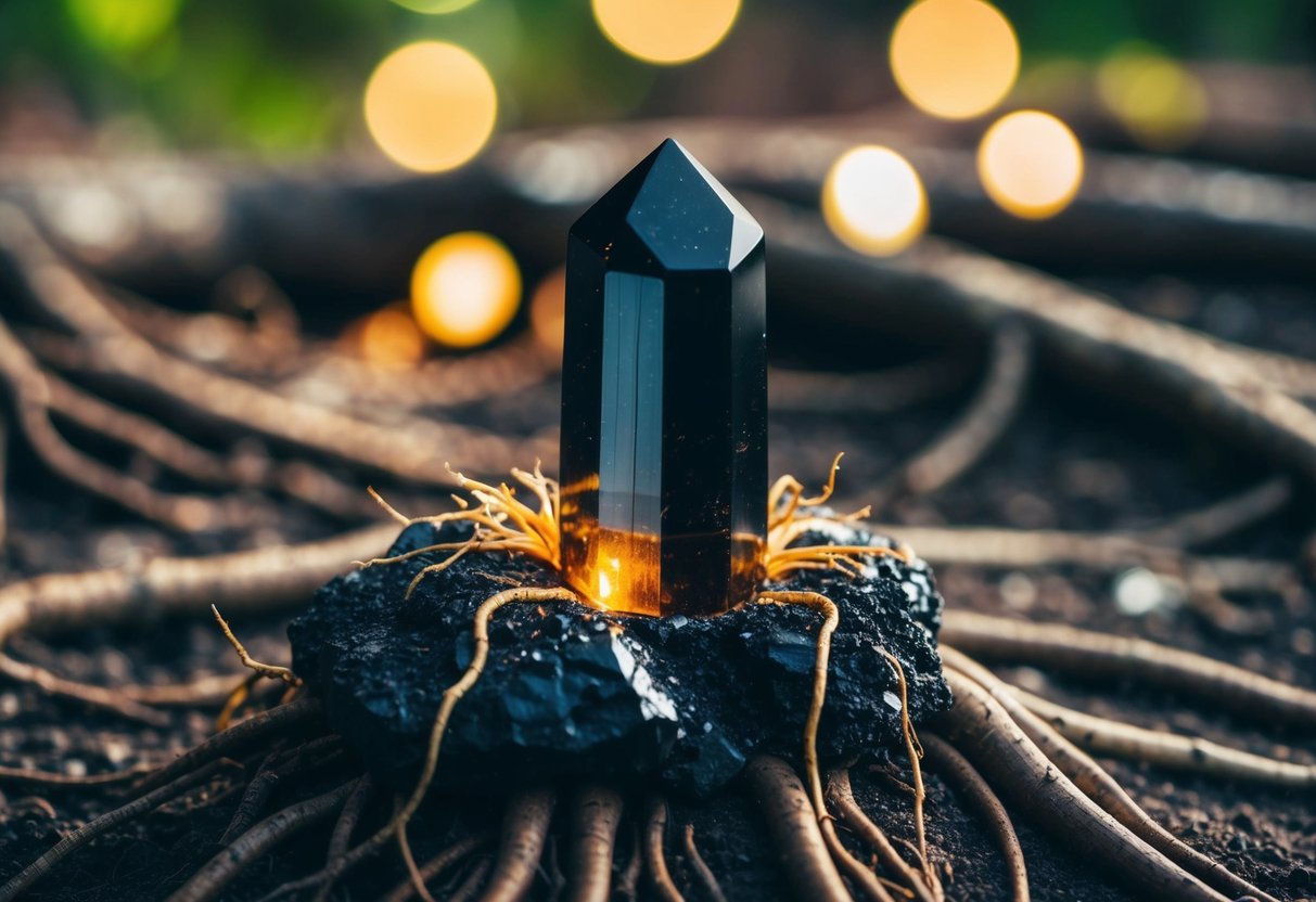 A black tourmaline crystal sits on a bed of earth, surrounded by roots and glowing with a protective energy