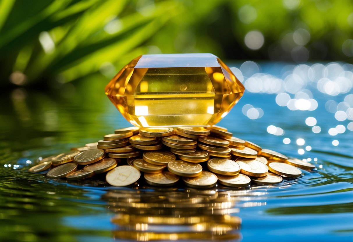 A radiant citrine crystal sits atop a pile of golden coins, surrounded by lush greenery and sparkling water