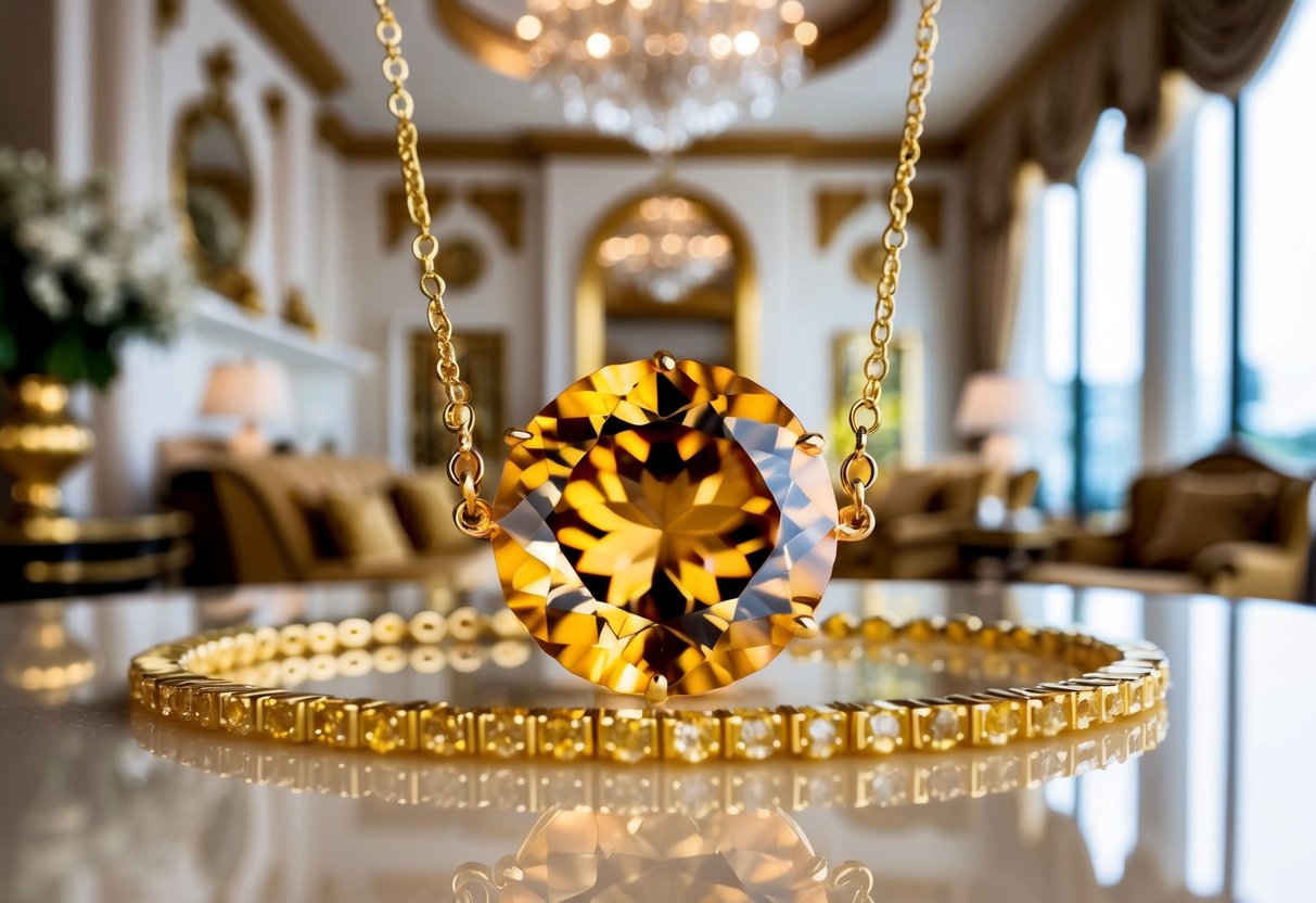 A sparkling citrine gemstone adorns a golden necklace, surrounded by luxurious decor and opulent furnishings, evoking a sense of wealth and prosperity