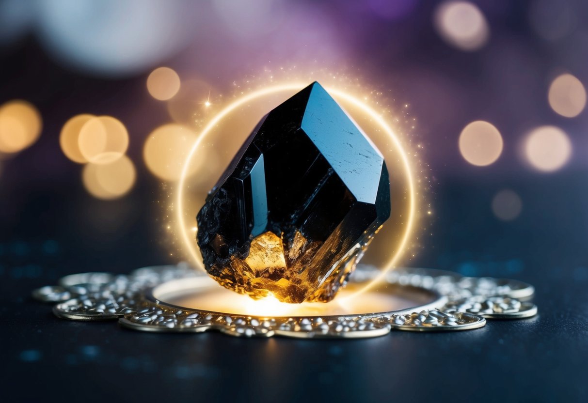 A black tourmaline crystal surrounded by a glowing aura, emitting a sense of protection and grounding