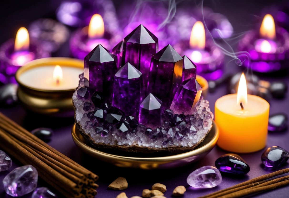 A cluster of amethyst crystals radiating purple hues, surrounded by incense and a glowing candle, evoking a sense of spiritual enlightenment and heightened intuition