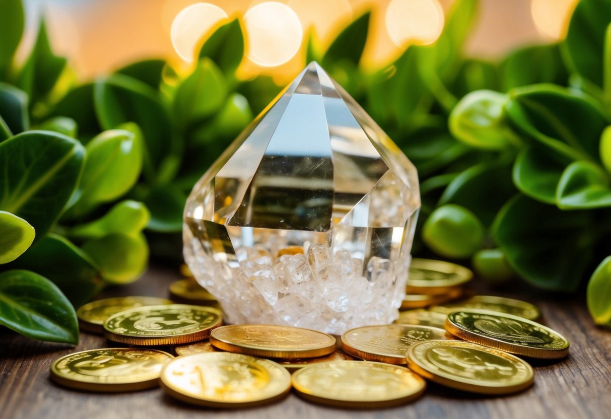 A sparkling citrine crystal surrounded by golden coins and lush green plants