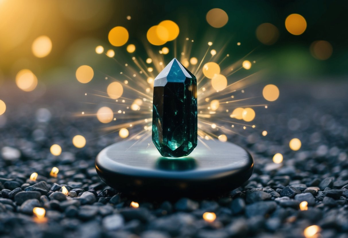 A black tourmaline crystal surrounded by glowing energy, radiating a sense of protection and grounding