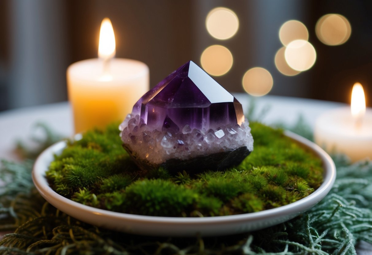 A serene amethyst crystal resting on a bed of green moss, surrounded by soft candlelight and a gentle breeze, evoking a sense of calm and spiritual connection