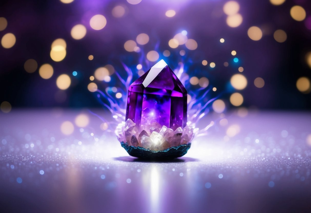 A serene amethyst crystal surrounded by glowing energy, radiating a sense of heightened intuition and spiritual awareness