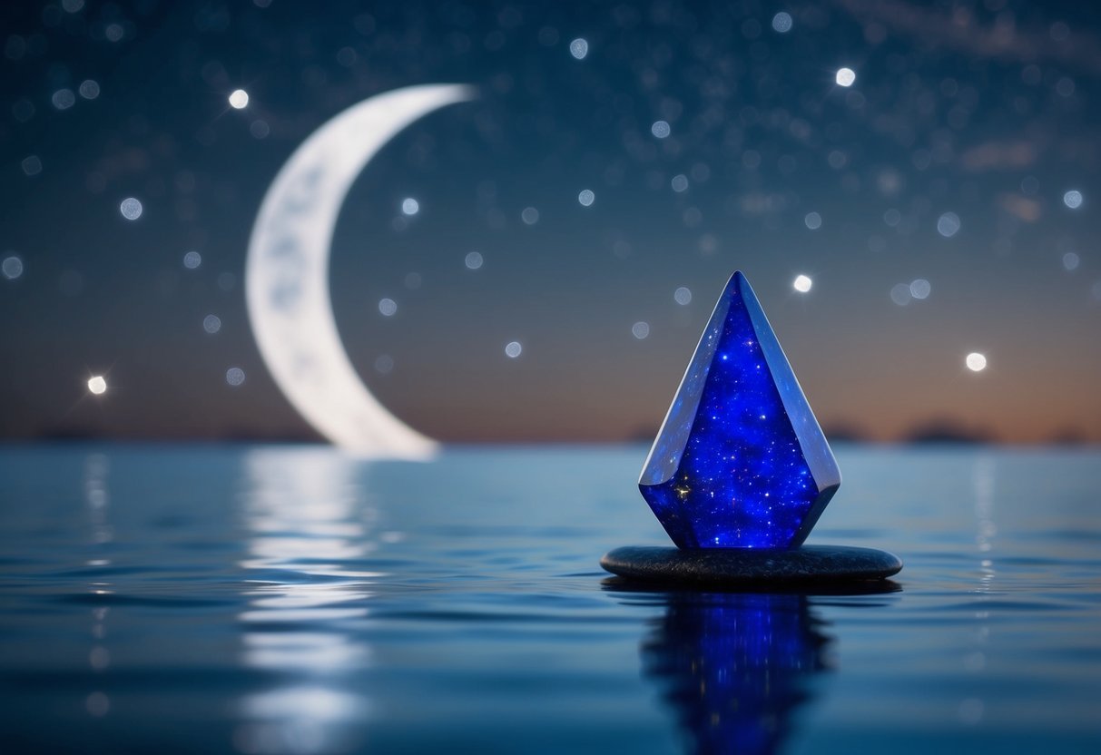 A serene night sky with a crescent moon, shimmering stars, and a prominent lapis lazuli gemstone reflecting the universe's wisdom and inner truth