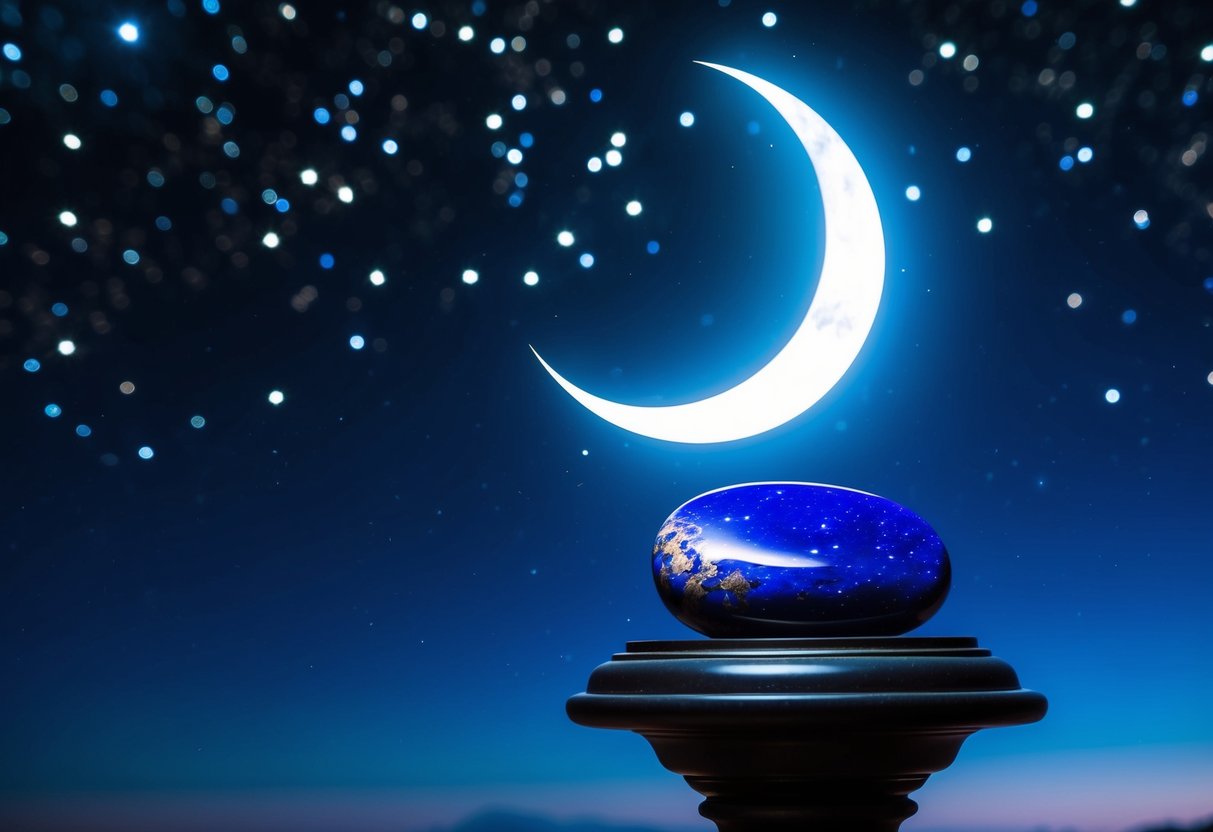 A serene night sky filled with twinkling stars, with a prominent crescent moon shining brightly, illuminating a deep blue lapis lazuli stone resting on a pedestal