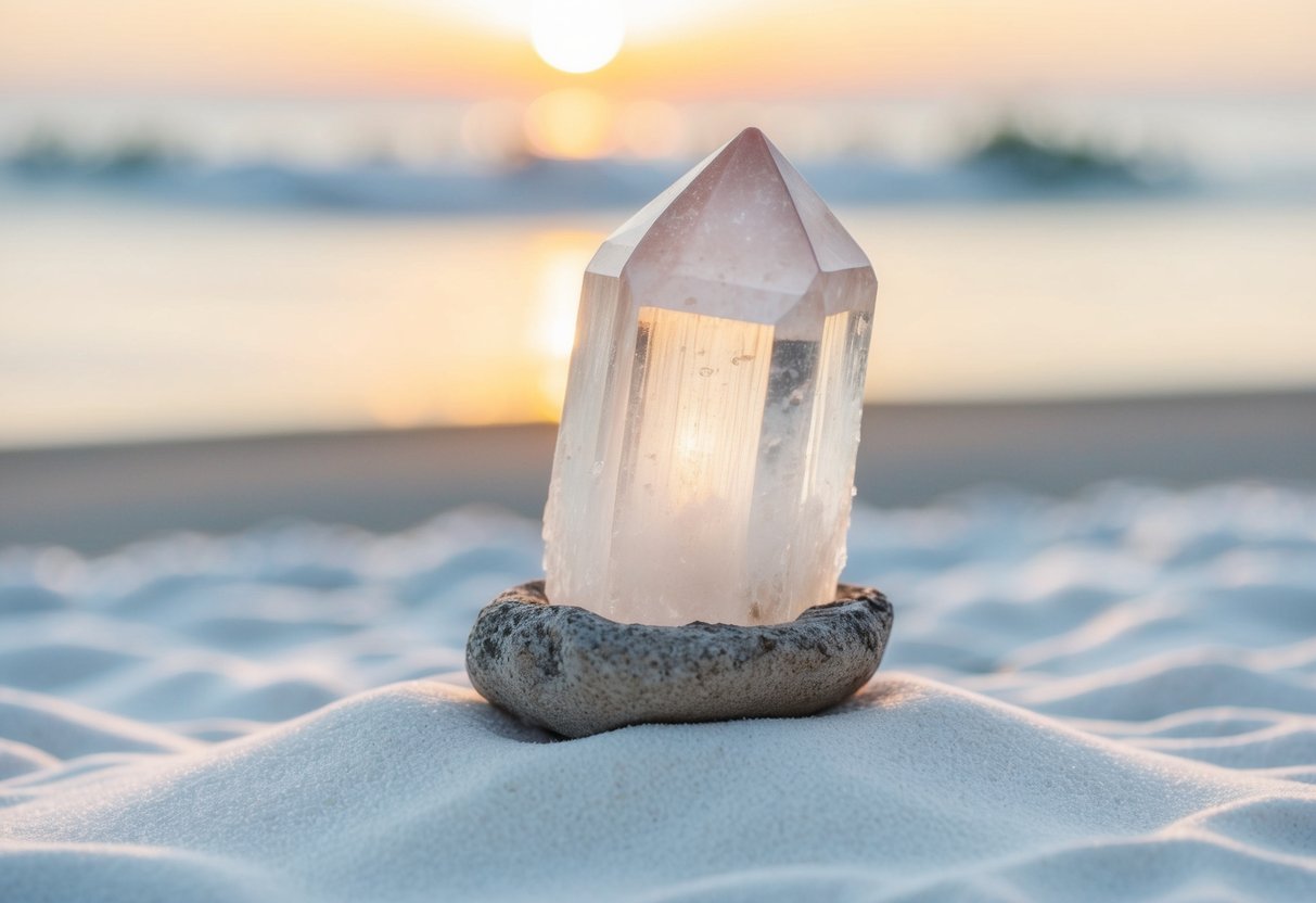 A serene selenite crystal resting on a bed of white sand, bathed in soft, ethereal light