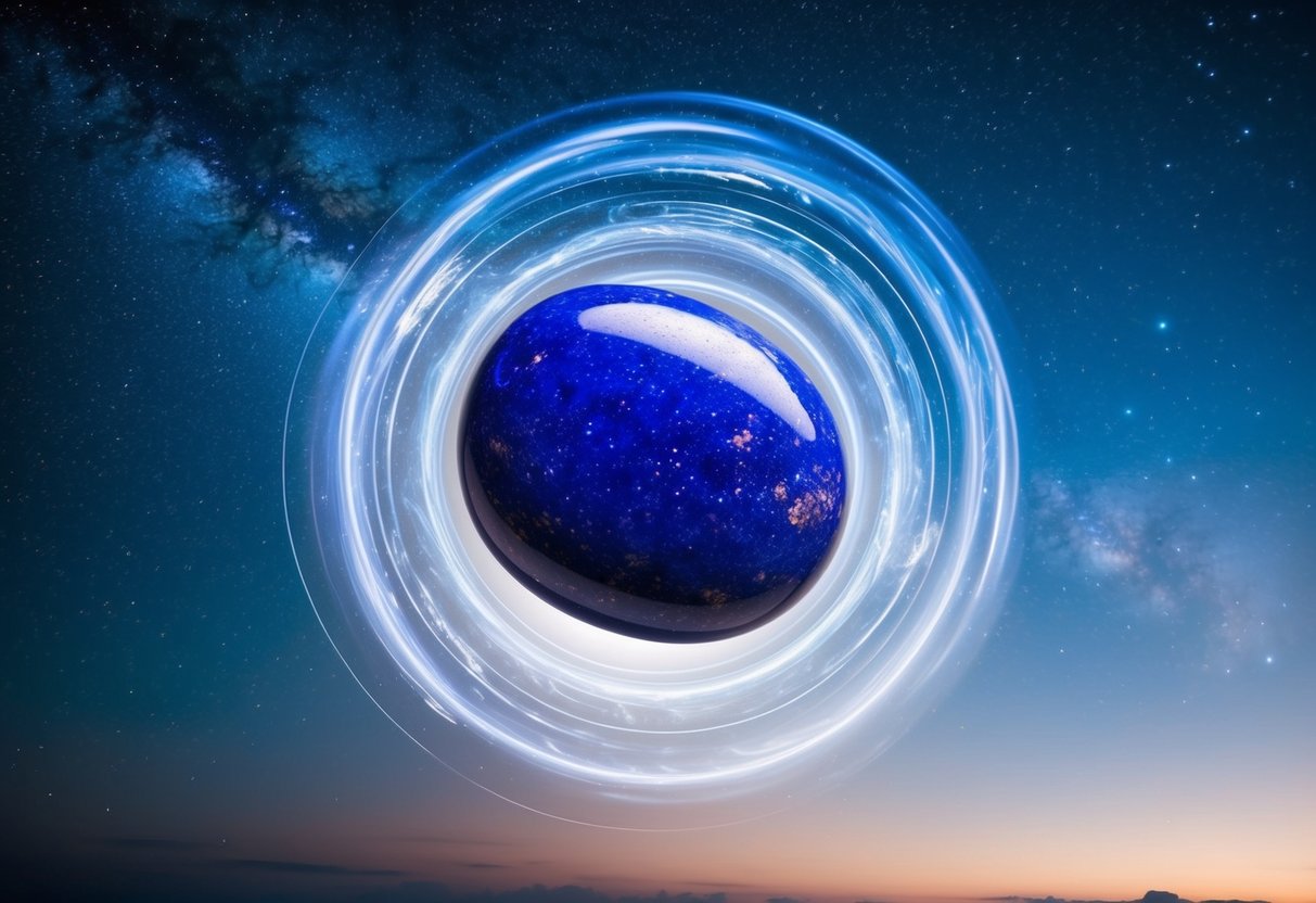 A serene night sky with a vibrant lapis lazuli stone floating amidst swirling cosmic energy, radiating wisdom and inner truth
