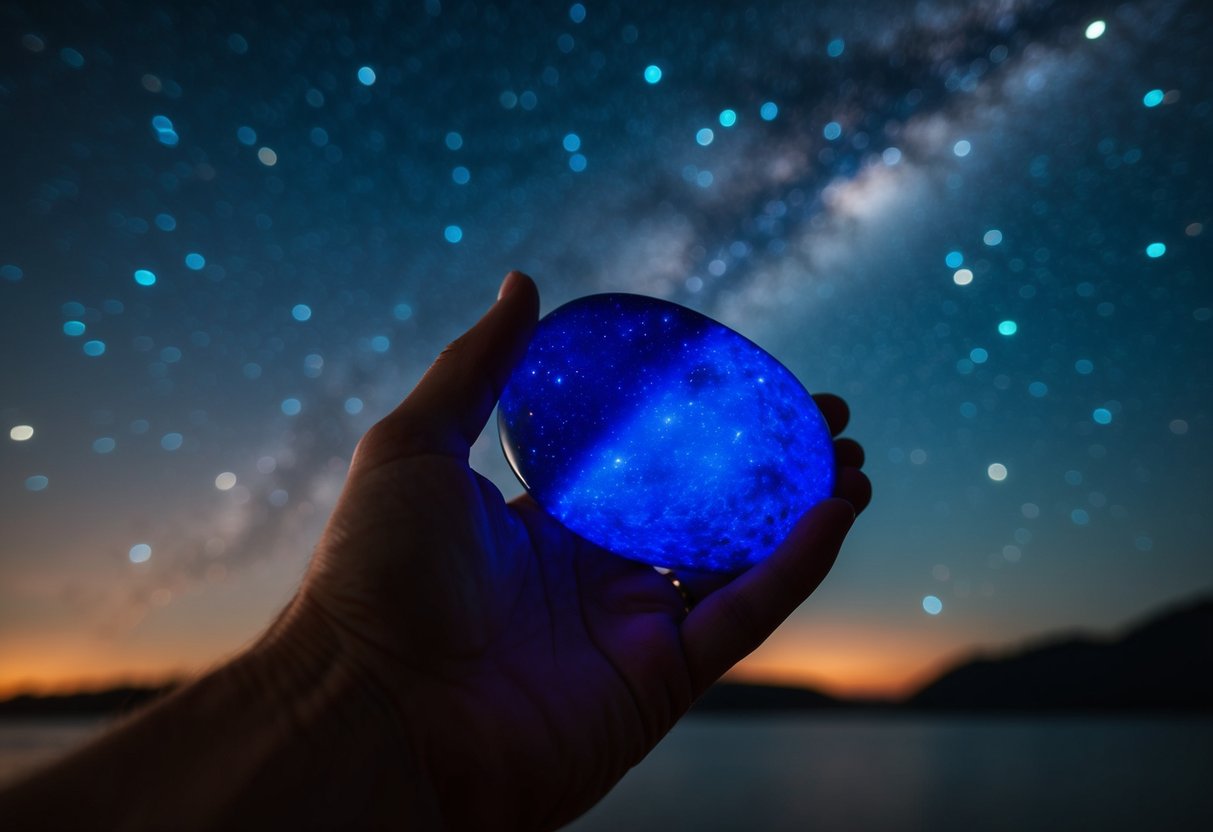 A night sky filled with stars and a glowing lapis lazuli stone, symbolizing wisdom and inner truth