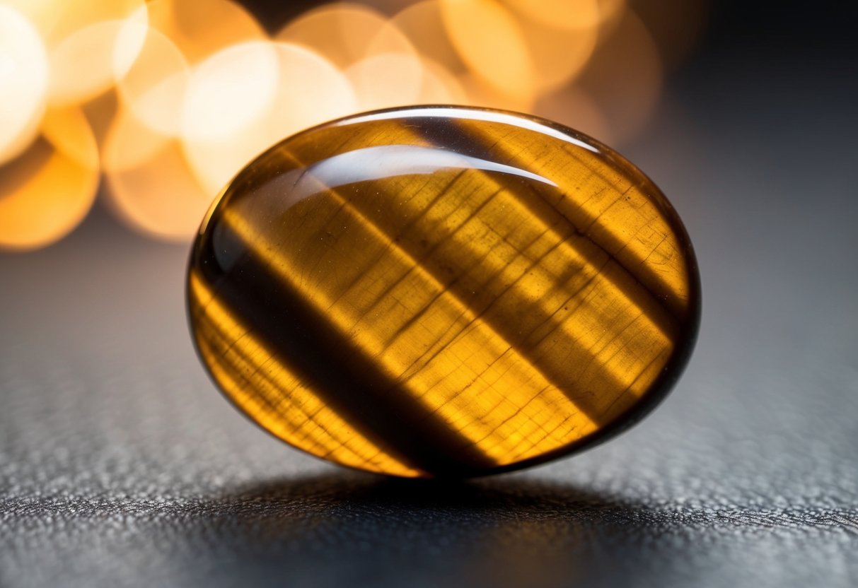 A tiger's eye gemstone glows with warm, golden hues, radiating a sense of courage and confidence. The intricate bands of color create a mesmerizing pattern within the stone