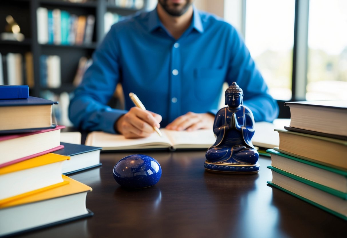 A person sitting at a desk, surrounded by books and writing materials, with a lapis lazuli paperweight and a decorative lapis lazuli figurine on the desk