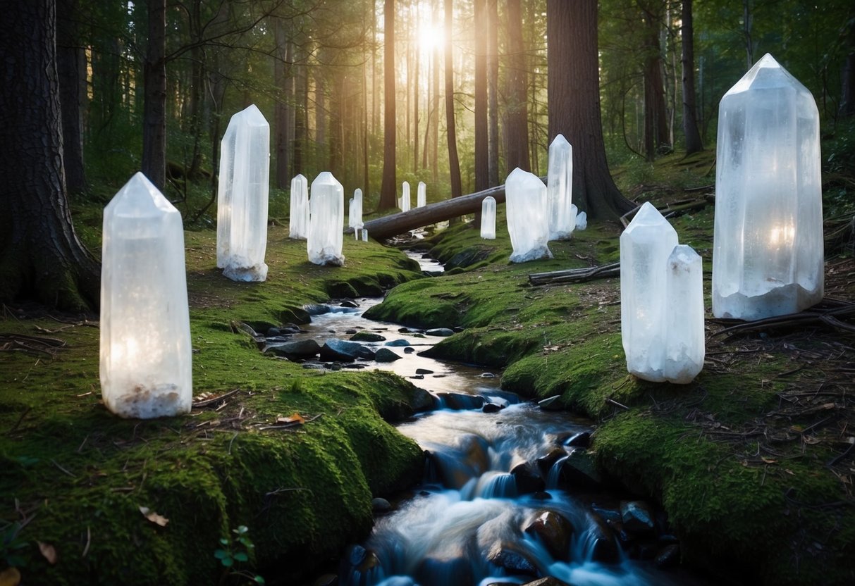 A serene forest clearing with a flowing stream, surrounded by towering selenite crystals emitting a soft, purifying glow