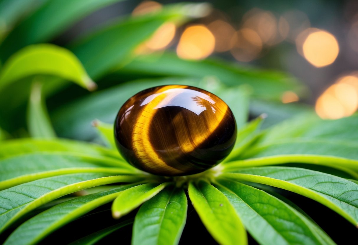 A tiger's eye gemstone sits atop a bed of green leaves, radiating warmth and strength